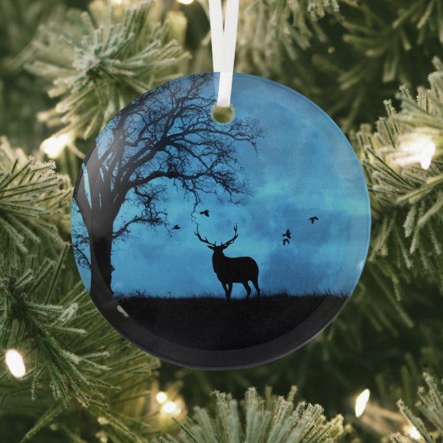 Christmas Holiday Elk and Moon Glass Tree Decoration (Insitu)