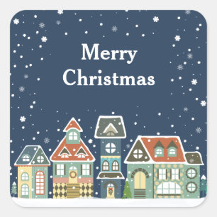 Christmas Holiday Evening Winter Village Scene Square Sticker