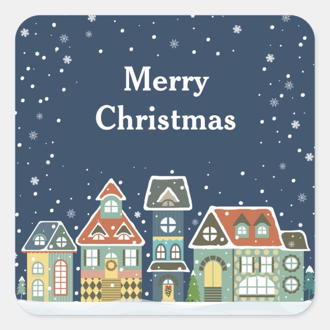 Christmas Holiday Evening Winter Village Scene Square Sticker (Front)