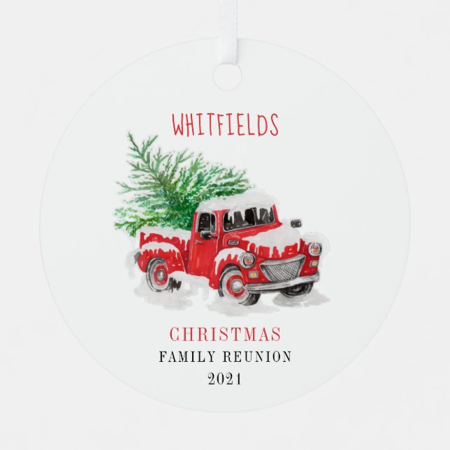 Christmas Holiday Family Reunion Red Truck Custom Metal Tree Decoration (Front)