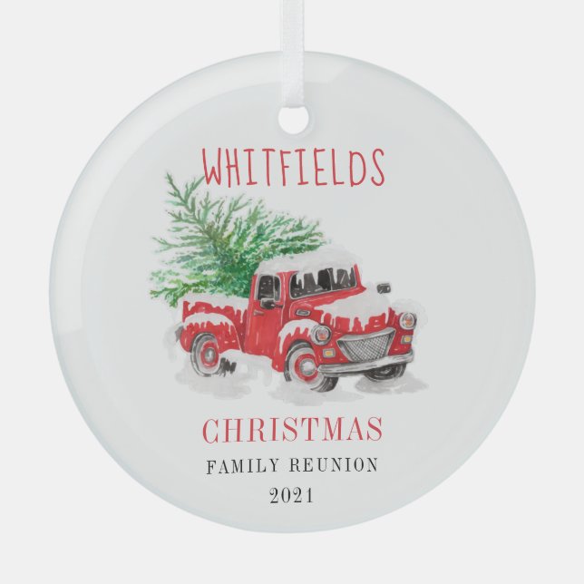 Christmas Holiday Family Reunion Red Truck Tree Glass Tree Decoration (Front)
