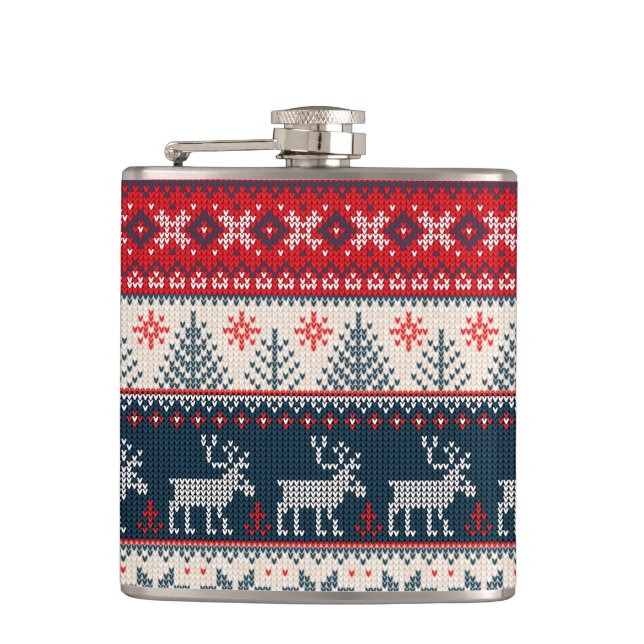 Christmas Holiday Faux Knit Pattern Nordic Theme Hip Flask (Front)