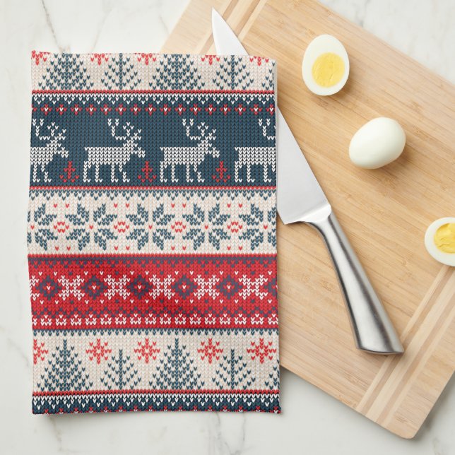 Christmas Holiday Faux Knit Pattern Nordic Theme Tea Towel (Quarter Fold)