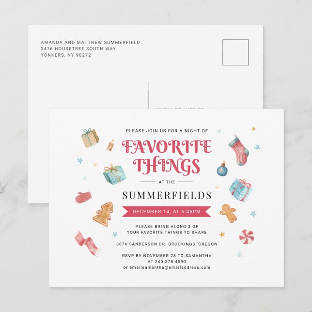Christmas Holiday Favourite Things Gift Swap Party Invitation Postcard (Front/Back)