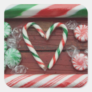 Christmas Holiday festive Candy Cane candies heart Square Sticker