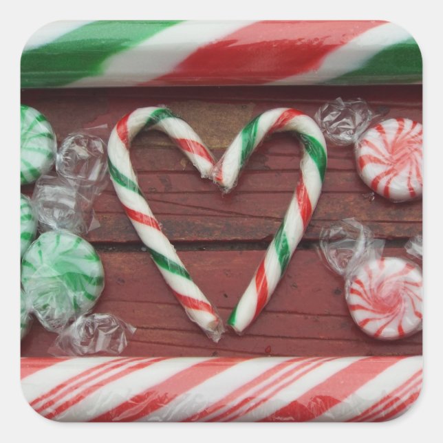 Christmas Holiday festive Candy Cane candies heart Square Sticker (Front)