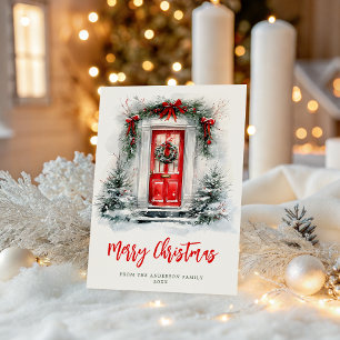 Christmas Holiday Festive Red Door Watercolor Card