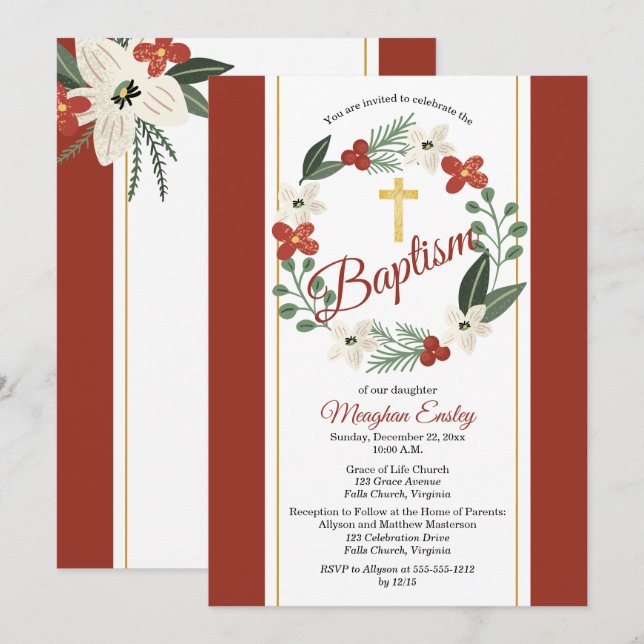 Christmas Holiday Floral Wreath Baby Baptism Invit Invitation (Front/Back)
