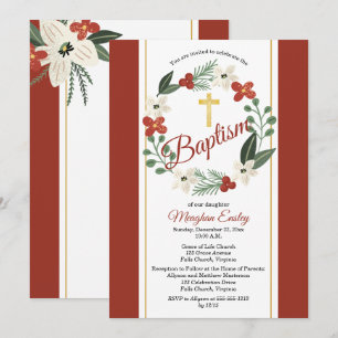 Christmas Holiday Floral Wreath Baby Baptism Invit Invitation