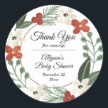 Christmas Holiday Floral Wreath Baby Shower Classi Classic Round Sticker<br><div class="desc">All that is needed is your Baby Shower details to complete this pretty muted green and red floral and berries wreath design a muted red circle frame on a white background.</div>