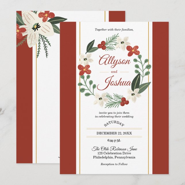 Christmas Holiday Floral Wreath | Berries Wedding Invitation (Front/Back)