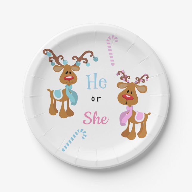 Christmas Holiday Gender Reveal Reindeer Paper Plate (Front)
