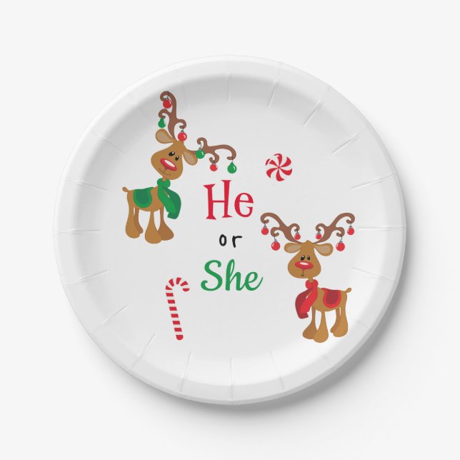 Christmas Holiday Gender Reveal Reindeer Red Green Paper Plate (Front)