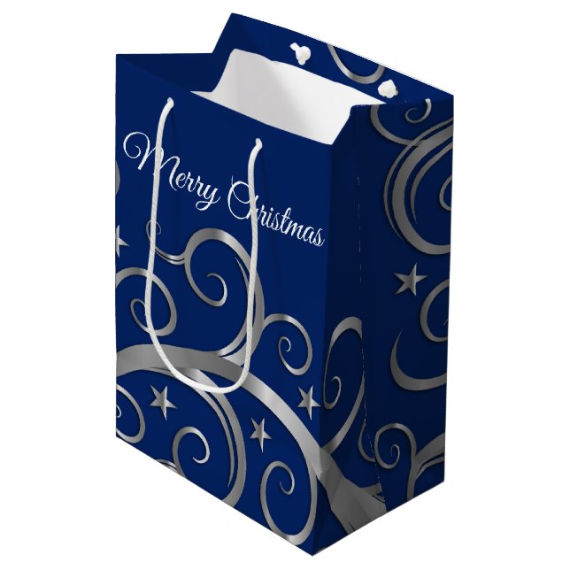 Christmas Holiday Gift Bag Majestic Swirls Blue (Front Angled)