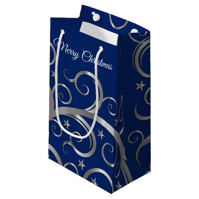 Christmas Holiday Gift Bag Majestic Swirls Blue (Front Angled)