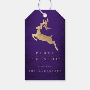 Christmas Holiday Gift Tag Purple Gold Reniadeer