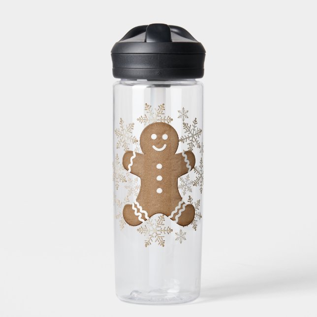Christmas Holiday Gingerbread Man and Snowflakes Water Bottle (Front)