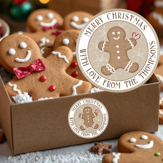 Christmas Holiday Gingerbread Man Heart Snowflakes Classic Round Sticker (Creator Uploaded)