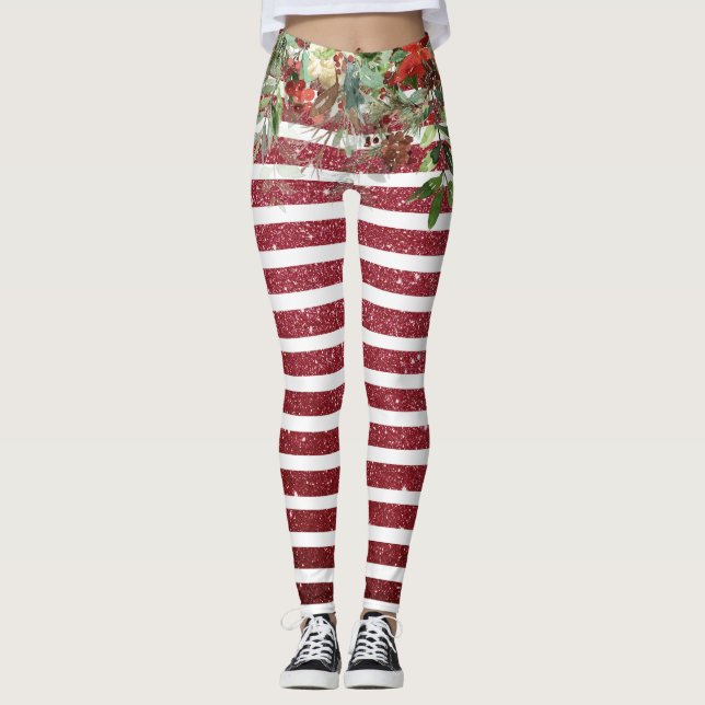 Christmas Holiday Glitter Pine Poinsettia Red Leggings (Front)