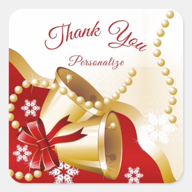 Christmas Holiday Gold Bells Thank You Personalise Square Sticker (Front)