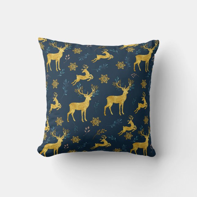 Christmas Holiday - Gold Deer on Navy Background Cushion (Front)