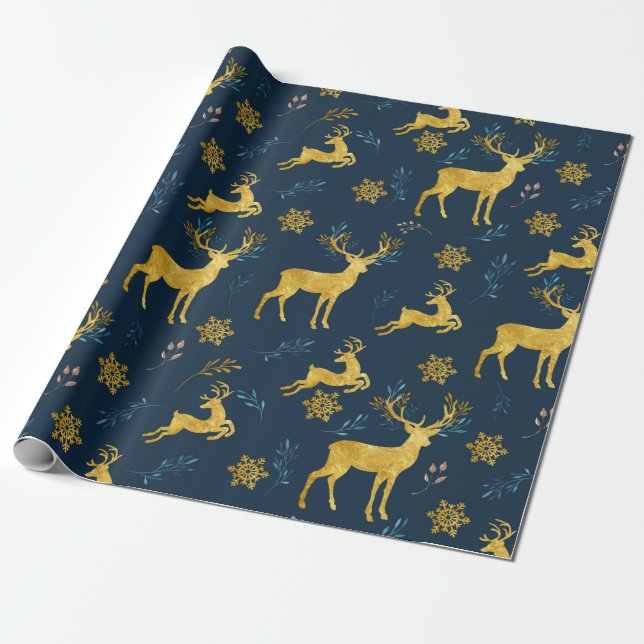 Christmas Holiday - Gold Deer on Navy Background Wrapping Paper (Unrolled)