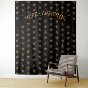 Christmas   Holiday   Gold Stars   Black Backdrop Tapestry