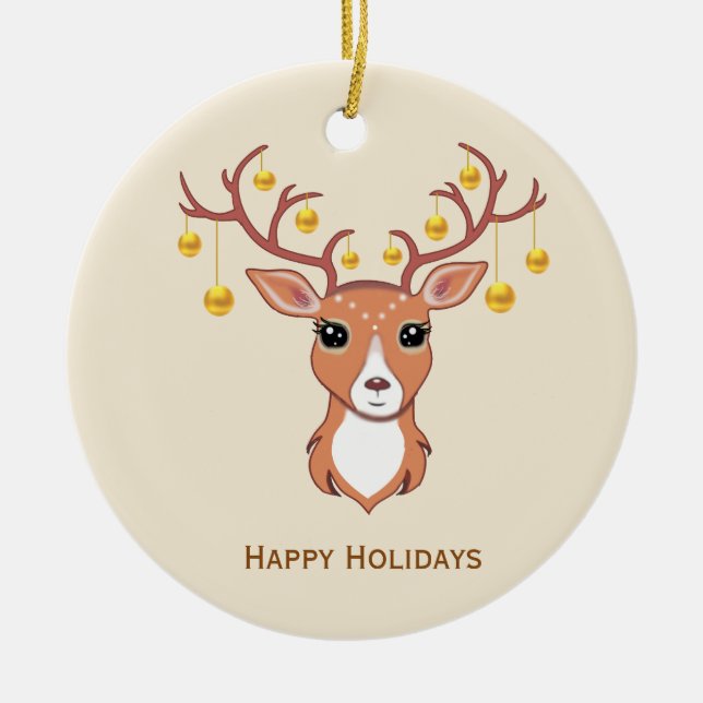 Christmas Holiday Golden Deer Ceramic Tree Decoration (Front)
