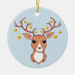 Christmas Holiday Golden Deer on Light Blue Ceramic Tree Decoration