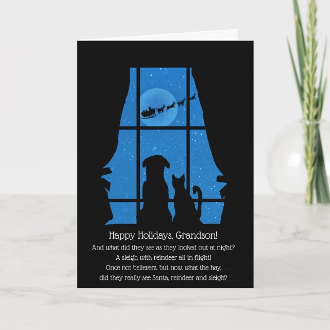 Christmas Holiday Grandson Cute Cat Dog  Card (Front)