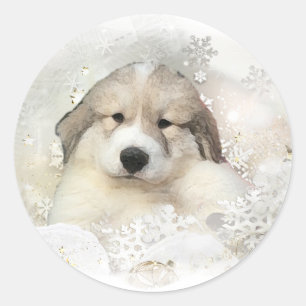 Christmas Holiday Great Pyrenees Pup Watercolor Classic Round Sticker