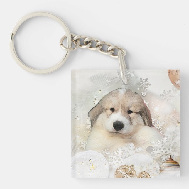 Christmas Holiday Great Pyrenees Pup Watercolor Key Ring (Front)