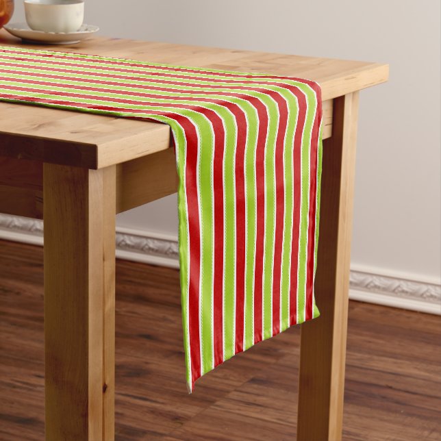 Christmas Holiday Green & Red Stripes Pattern Short Table Runner (In Situ)