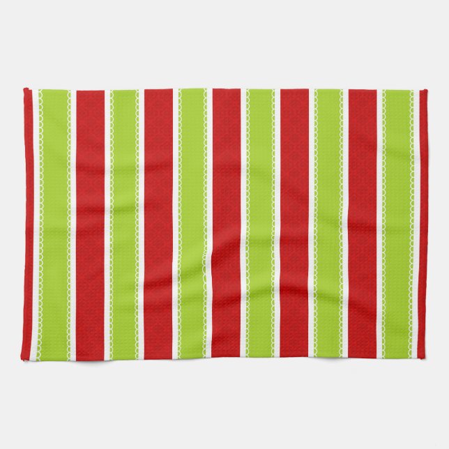 Christmas Holiday Green & Red Stripes Pattern Tea Towel (Horizontal)