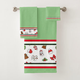 Christmas Holiday Green, Red & White Decorations Bath Towel Set