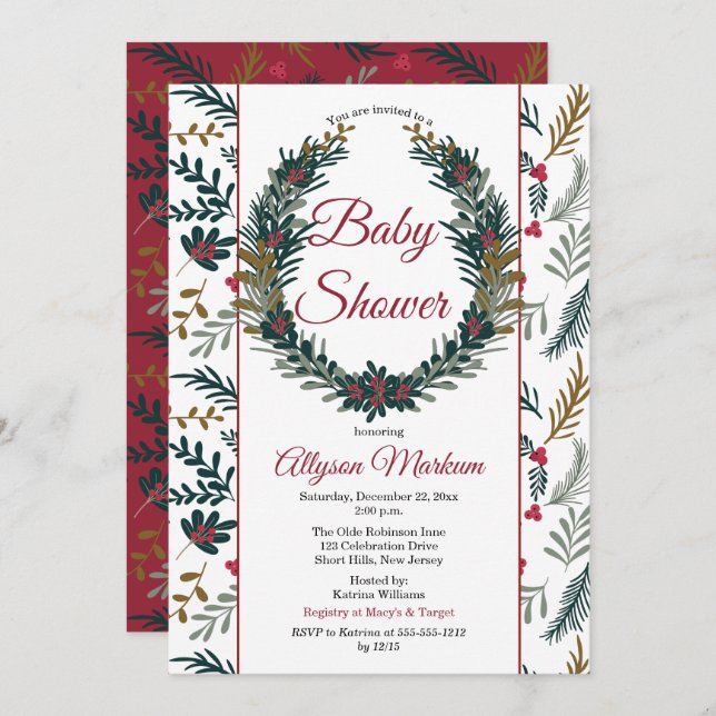 Christmas Holiday Greenery Wreath Baby Shower Invi Invitation (Front/Back)
