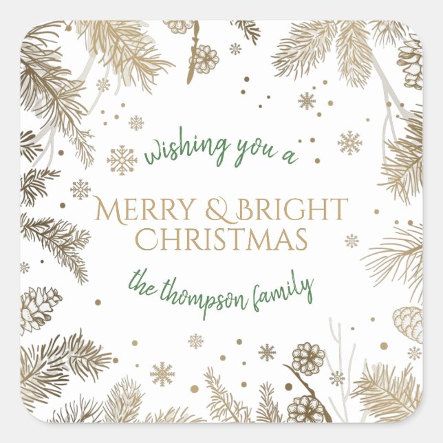 Christmas Holiday Greeting Gold Branches Square Sticker (Front)