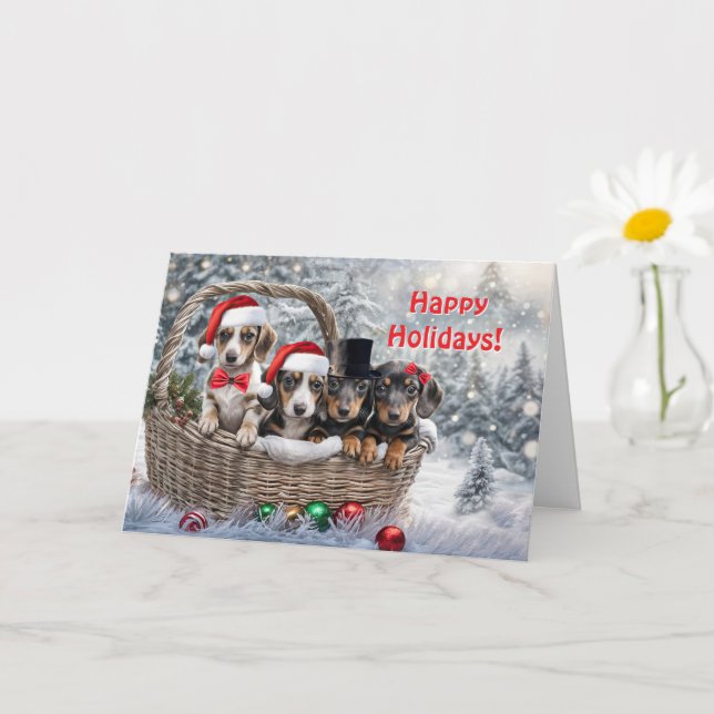 Christmas Holiday Greetings Cute Dachshund Puppies Card (Small Plant)