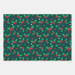 Christmas Holiday Holly Berry Mistletoe Pattern Wrapping Paper Sheet