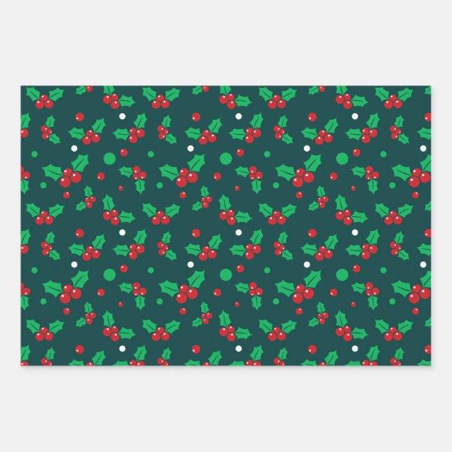 Christmas Holiday Holly Berry Mistletoe Pattern Wrapping Paper Sheet (Front)