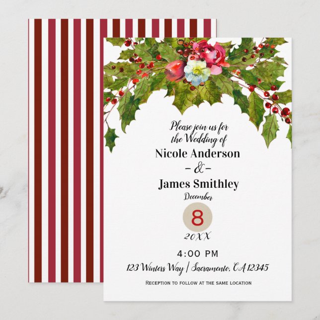 Christmas Holiday Holly Berry Winter Wedding Invitation (Front/Back)