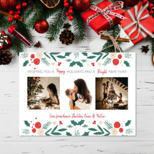 Christmas Holiday holly ivy berry 3 Photo gift Thank You Card