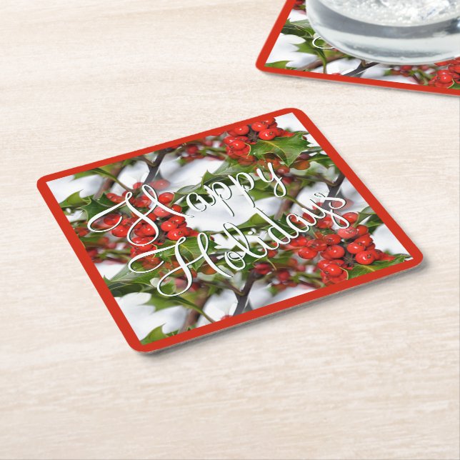 Christmas Holiday Holly Leaves Red Berries Pattern Square Paper Coaster (Angled)