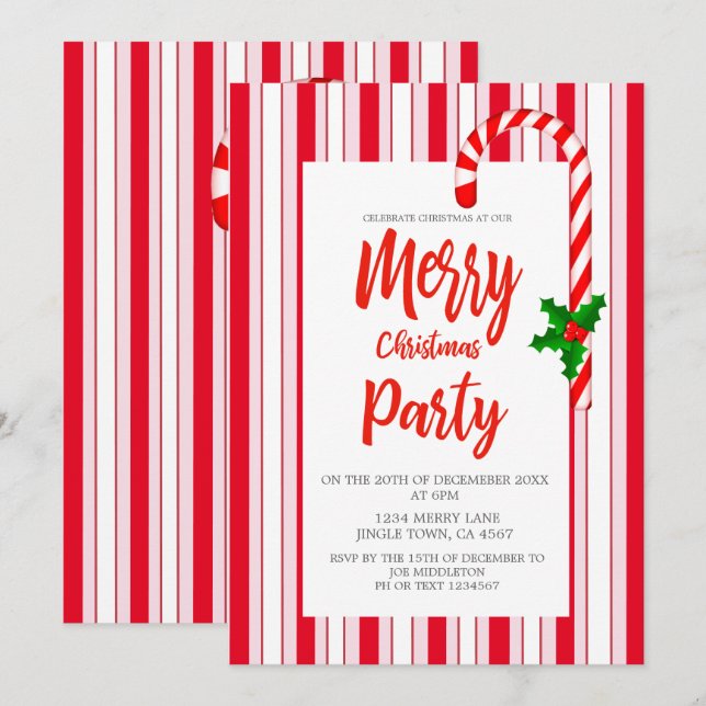 Christmas Holiday Holly Red  Candy Stripe Pattern Invitation (Front/Back)