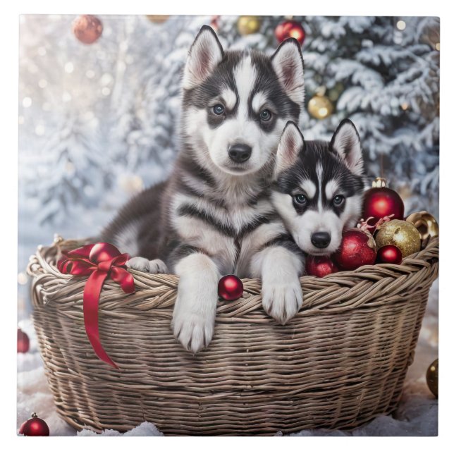 Christmas Holiday Husky Puppy Dogs Art Tile (Front)