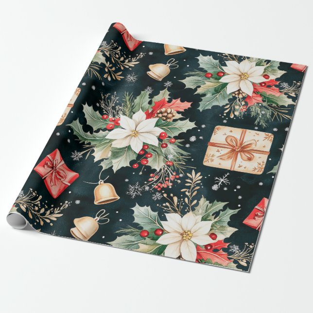 Christmas Holiday Ivy & Florals Wrapping Paper (Unrolled)