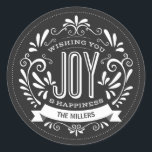 CHRISTMAS HOLIDAY JOY ROUND CHALKBOARD STICKERS<br><div class="desc">WISHING YOU JOY: Bright and cheerful whimsical black and white chalkboard style Christmas ornament with retro banner, vintage black and white typography, and fancy swirls. Personalise this decorative holiday ROUND label with your family name or custom text. Contemporary, classic, modern and stylish way to send trendy happy winter holiday greetings...</div>