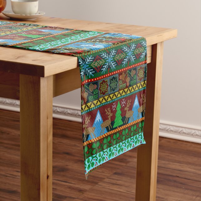 Christmas Holiday Knitted Sweater Pattern Reindeer Short Table Runner (In Situ)