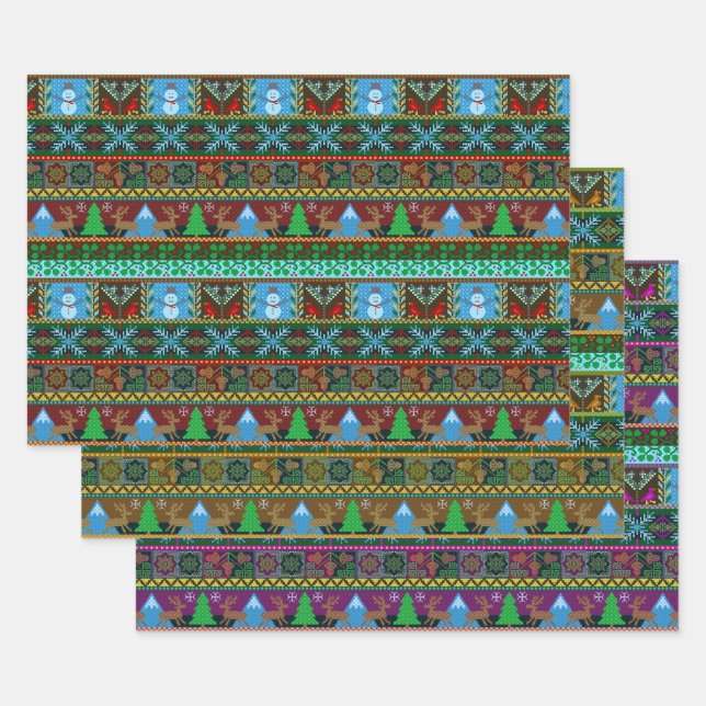 Christmas Holiday Knitted Sweater Pattern Reindeer Wrapping Paper Sheet (Set)