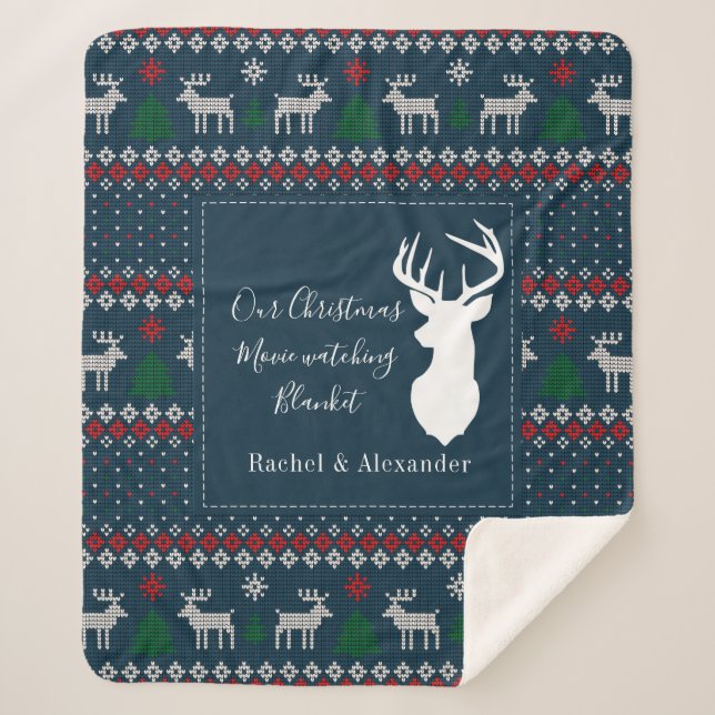 Christmas Holiday Knitting Pattern Personalised Sherpa Blanket (Front)